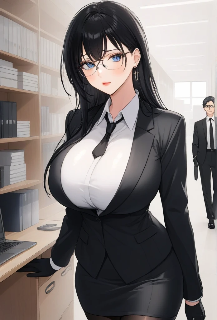 Misako standing, grey mini rock, white shirt, black jacket, black stockings, adult beautiful women, black hair, office, blue eyes, beautiful blue eyes, ,slim body, masterpiece, lipstick, hoops earrings, makeup,sharp jawline, detailed face, detailed nose , close up,anime, detailed eyes,big , Glasses,long black tie,wolf hair cut ,full body view, black shoes,black hand gloves