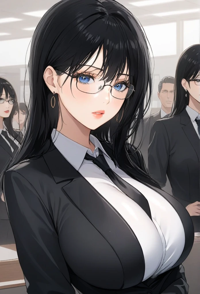 Misako standing, grey mini rock, white shirt, black jacket, black stockings, adult beautiful women, black hair, office, blue eyes, beautiful blue eyes, ,slim body, masterpiece, lipstick, hoops earrings, makeup,sharp jawline,  detailed face, detailed nose , close up,anime,  detailed eyes,big breast, Glasses,long black tie,wolf hair cut ,full body view, black shoes,black hand gloves 