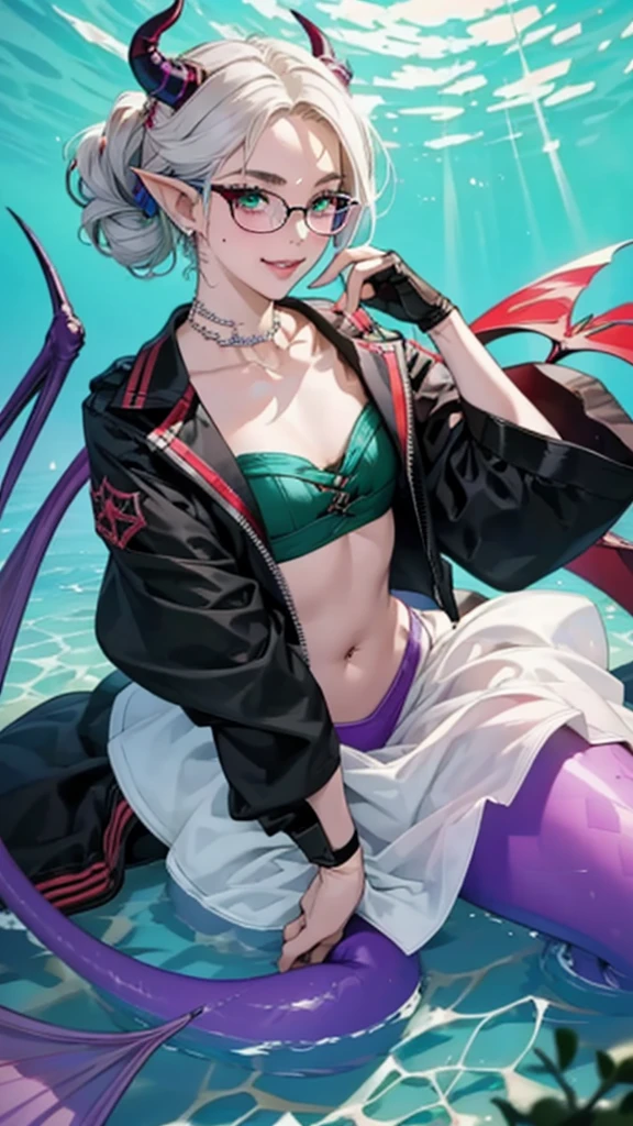 8k, masterpiece, best quality, highly detailed, 1girl, tiefling, warlock, multicolored hair, very short straight hair green highlight hair on white hair, strippled hair, wearing glasses, earrings, necklace, mole, glowing green eyes, glamorous, beach, shoreline, teal and purple bikinis, butterfly, sandals, navel piercing, villainy, smirk, seductive pose, close up view, rings, looking at viewer, demon horns, 