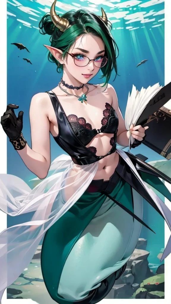 8k, masterpiece, best quality, highly detailed, 1 girl, tiefling, warlock, multicolored hair, very short straight hair green highlight hair on white hair, strippled hair, wearing glasses, round glasses, earrings, red eyeshadow, long eyelashes,navel piercing, blushed cheek, necklace, collarbone, mole, glamorous, purple and teal clothing, villainy, smirk, seductive face, fullbody view, rings, looking at viewer, swimming, demon horns, solo, hand touching cheek, underwater, black lace gloves.