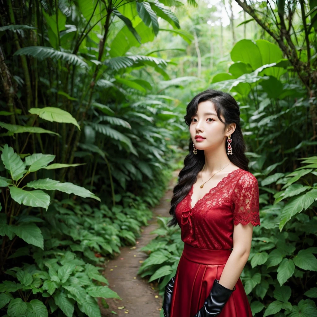 Korean girl with bigger chest, black hair. She's standing in a rainforest. The weather is sunny but it is raining outside. The girl is dressed in a red dress with a full skirt and open shoulders, and a neckline. She has long lace gloves on her hands. She wears a red necklace around her neck and elegant red earrings in her ears.
Her hair is pulled up in long curly tails