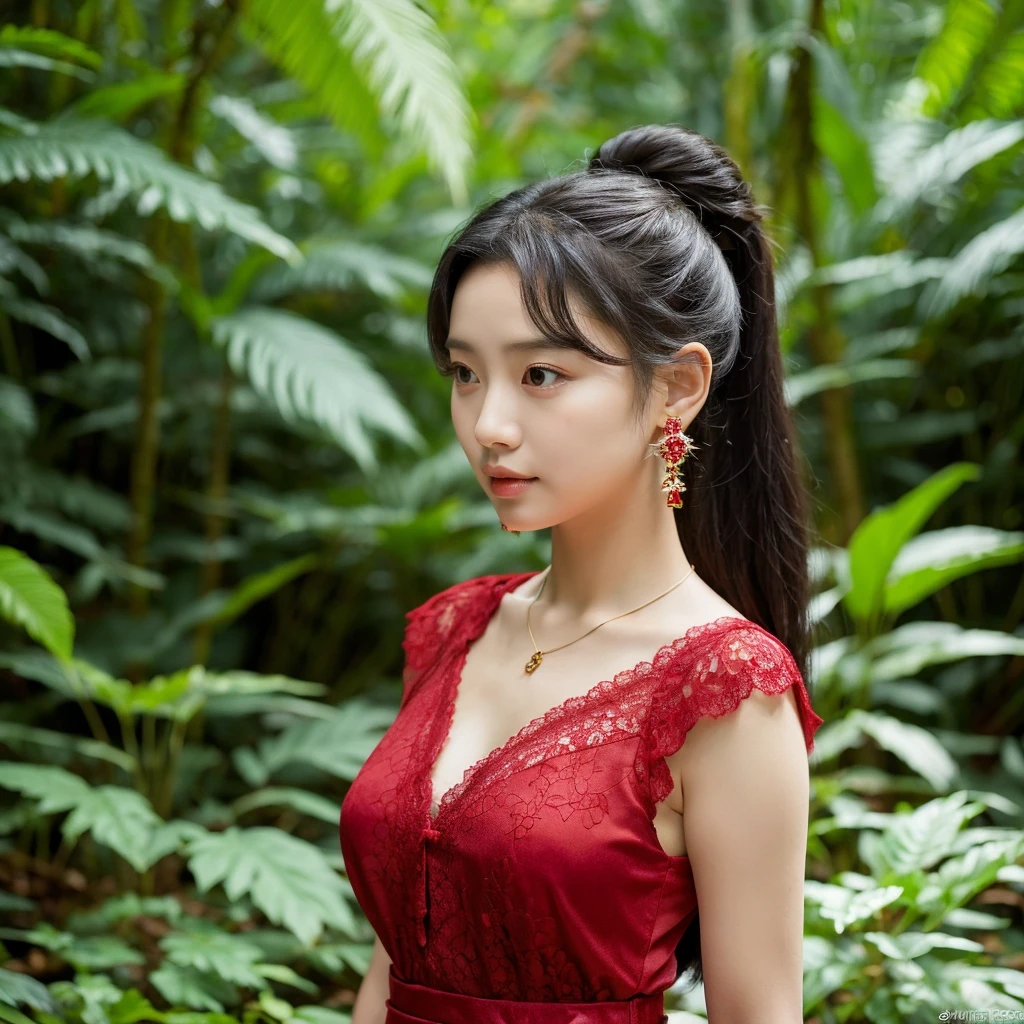 Korean girl with bigger chest, black hair. She's standing in a rainforest. The weather is sunny but it is raining outside. The girl is dressed in a red dress with a full skirt and open shoulders, and a neckline. She has long lace gloves on her hands. She wears a red necklace around her neck and elegant red earrings in her ears.
Her hair is pulled up in long curly tails