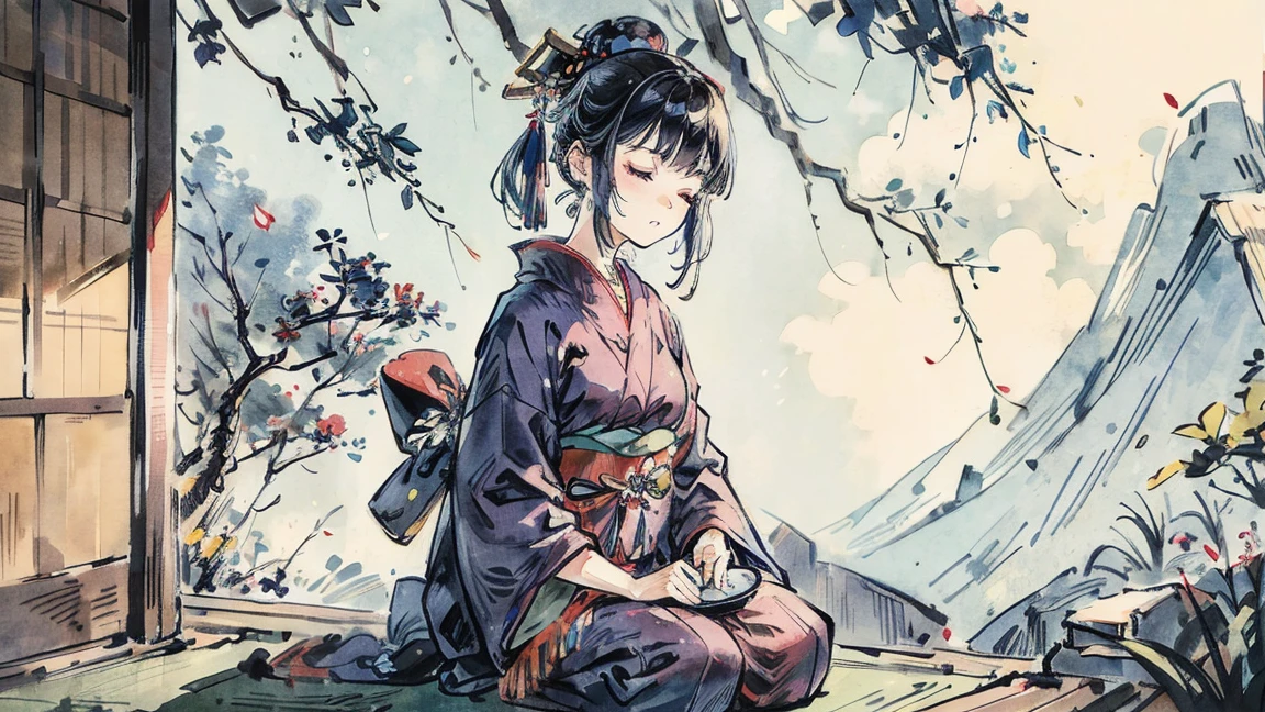 beautiful woman, Japan, It was, meditation, Eyes closed, Black Hair, (((Indigo kimono))), In the great outdoors, I am meditating,(((from front))), (((seiza)))