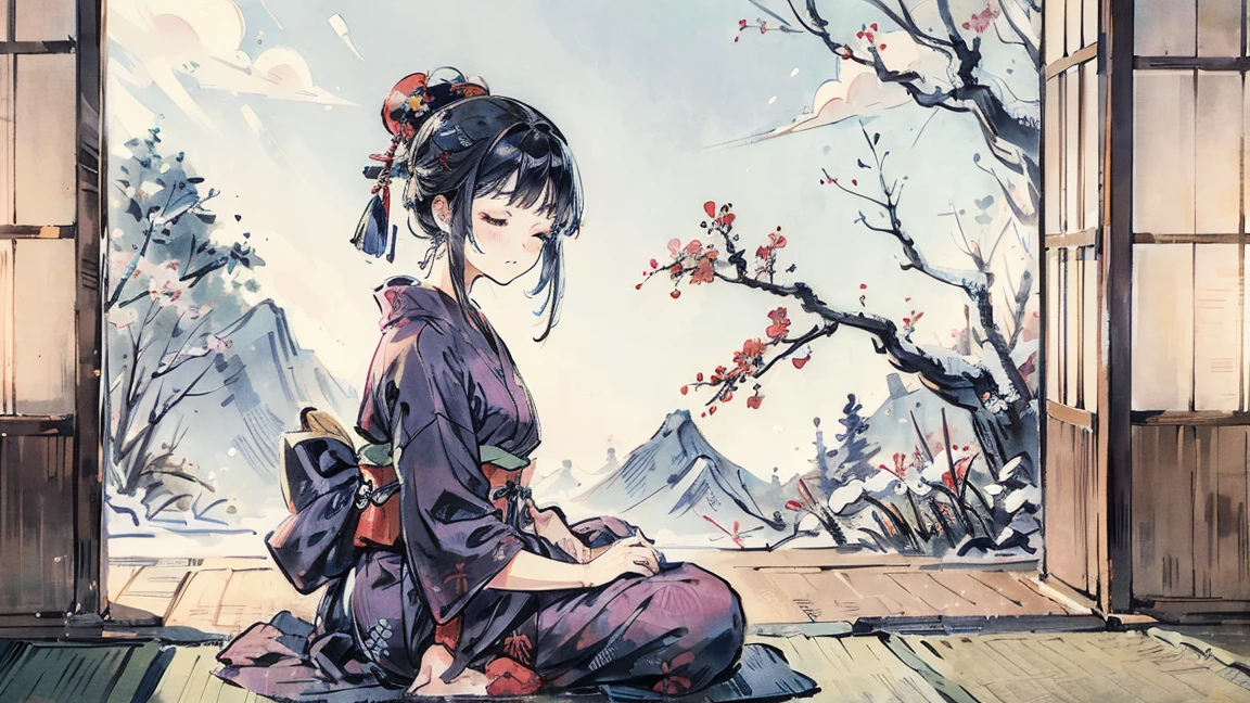 beautiful woman, Japan, It was, meditation, Eyes closed, Black Hair, (((Indigo kimono))), In the great outdoors, I am meditating,(((from front))), (((seiza)))