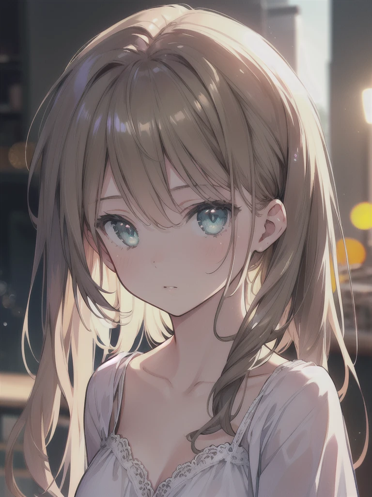 masterpiece, highest quality, female figure, blue green eyes, long brown hair, white nightgown, cute, (dynamic lighting:1.2), cinematic lighting, delicate features, fine eyes, sharp pupils, realistic student, Depth of bounds written, Bokeh, sharp focus, (very detailed, bloom, shine:1.4), gloomy, very skinny, prominent collarbones, 