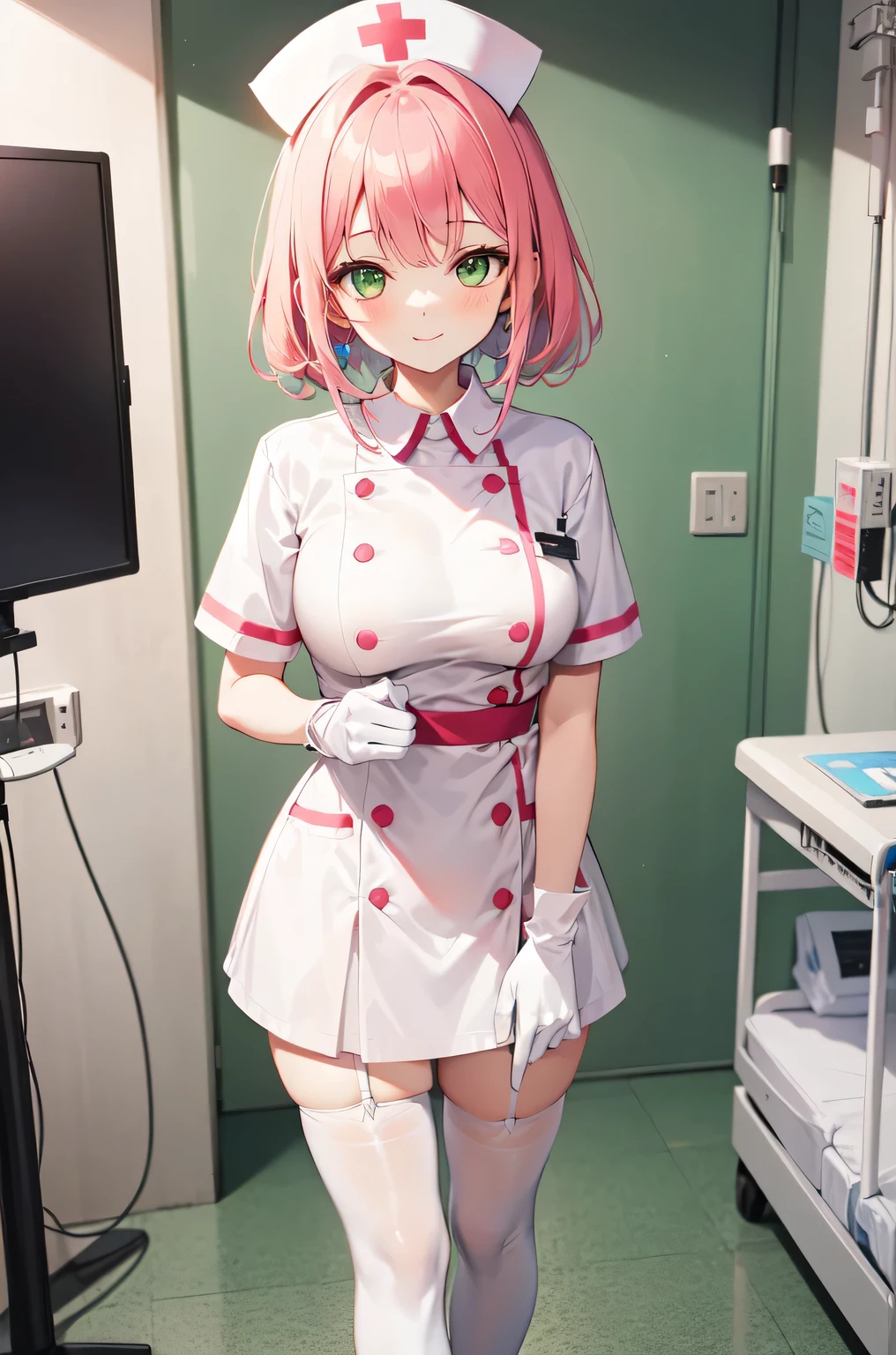 1girl, solo, nurse, white nurse cap, white nurse uniform, ((white legwear, zettai ryouiki)), white gloves, pink hair, green eyes, drooping eyes, smile, standing, ((hospital room)), sharp outline, short sleeves, best quality, masterpiece