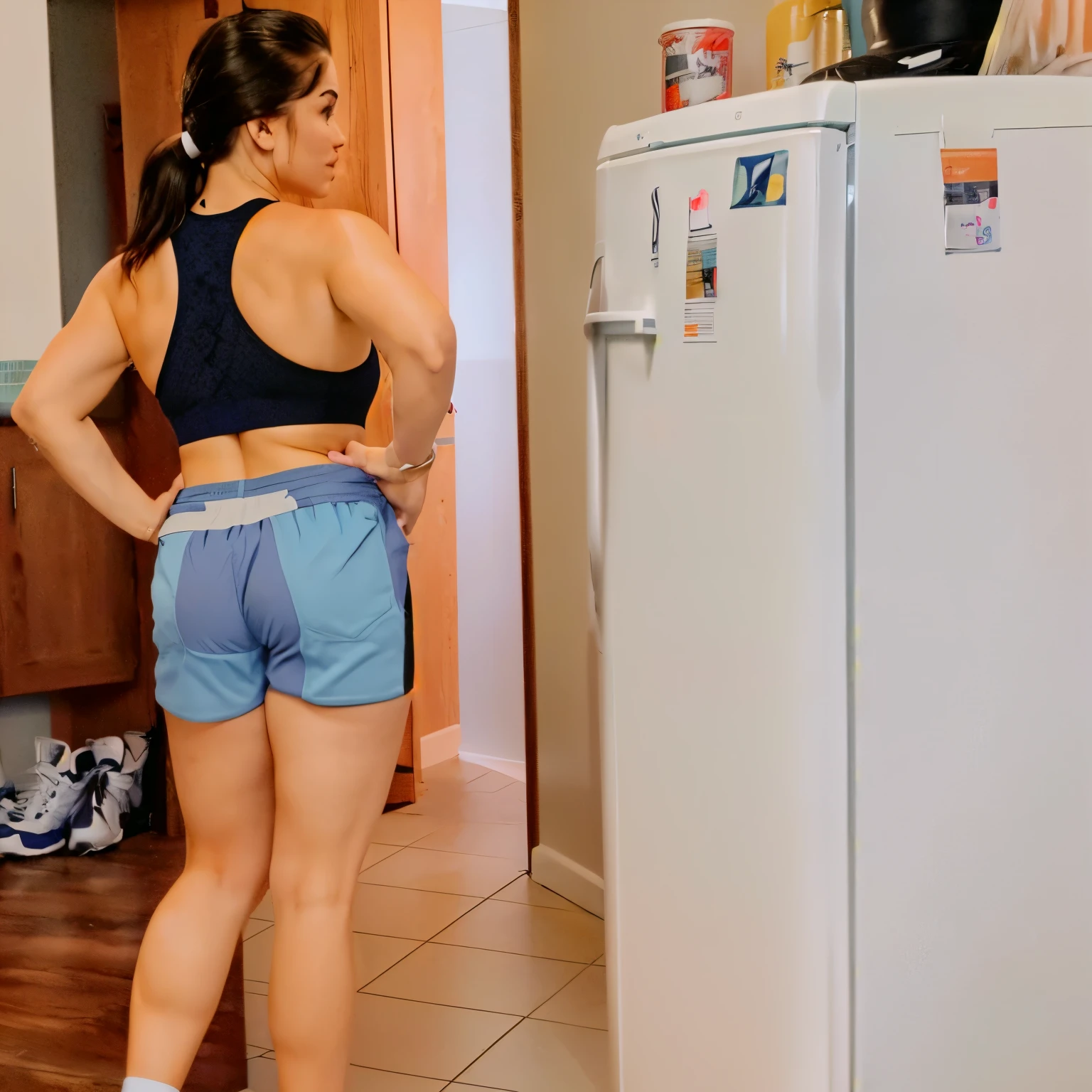 there is a woman standing in a kitchen with a refrigerator, in shorts, sport bra and shorts, sport bra and dark blue shorts, booty shorts, fit pic, side view of her taking steps, wearing a tank top and shorts, side pose, waist - shot, wearing fitness gear, bra and shorts streetwear, cottagecore!! fitness body