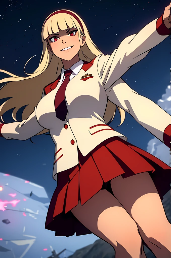 masterpiece, best quality, highres, , bangs, blunt_bangs, blonde_hair, long_hair, eyelashes, red_eyes, red_hairband, collared_shirt, formal, necktie, red_necktie, school_uniform, long_sleeves, skirt, red_skirt, white_shirt, smiling, night,starry sky,big breasts,cleavage,from below,seams