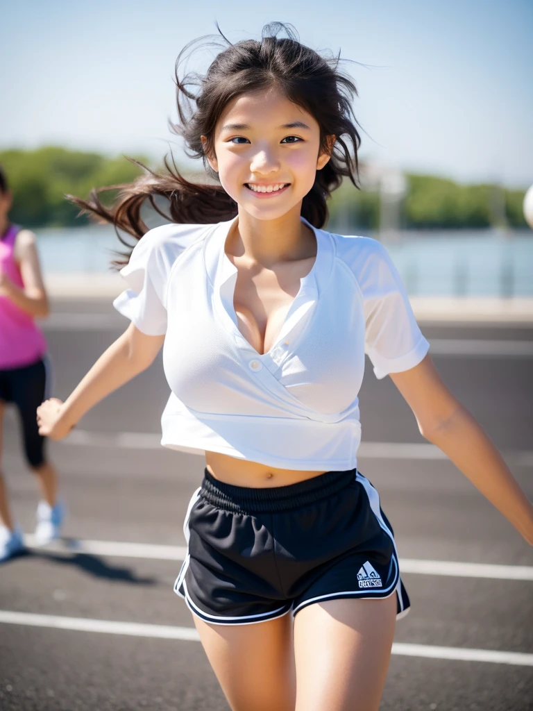 8K,masterpiece,Japanese,-yeld gifrom the front,smile,cute,Kind eyes,Childish, ((Sportswear)), Play sports often, tight white crop top, (Bloomers, Shorts, Thighs),semi-long,Hair blowing in the wind,Black Hair,Somewhat strong wind,noon,bright, (Large Breasts:1.2),(Emphasize the chest)