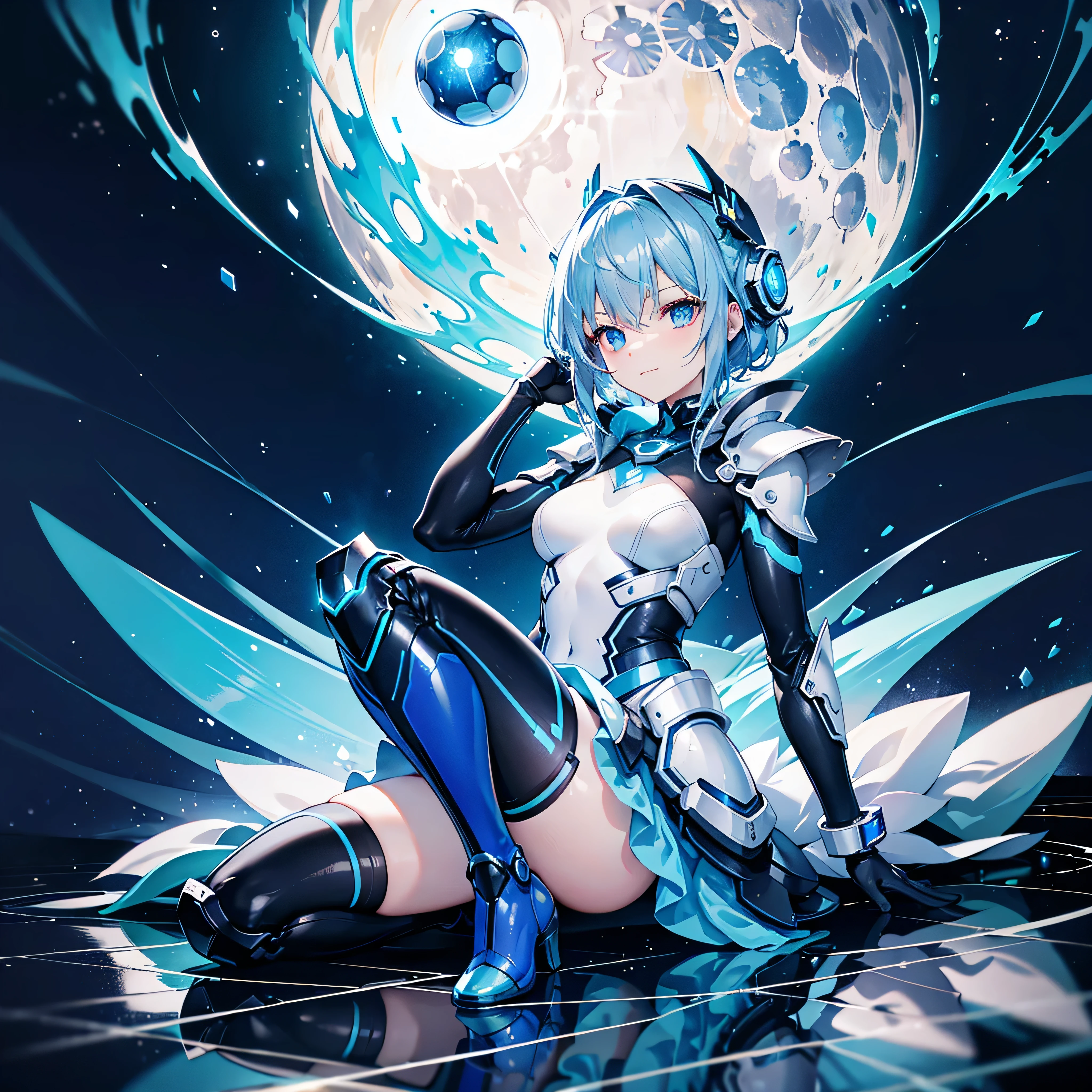 8K, Highest quality, (real:1.4), Original photo, 1 girl, Asari Hair, Biological Amplifier, Very sleek and futuristic armor, posture: Peace talks between warring factions,,attention arousal, smart blue eyes,A modest smile,Knee-high boots,Patent-look blue tights,Blue big moon and blue light swirl in the background,Blue light from behind,blue light magic,A small, glowing blue ball in the palm of your hand,Blue flame swirl,Blue Comet,Polished floor,