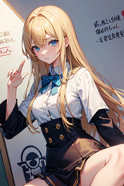 masterpiece, Highest quality, High resolution,Anime Style、blonde、Long Hair、blue eyes、The words "Thank you for 300 likes" written on a whiteboard
