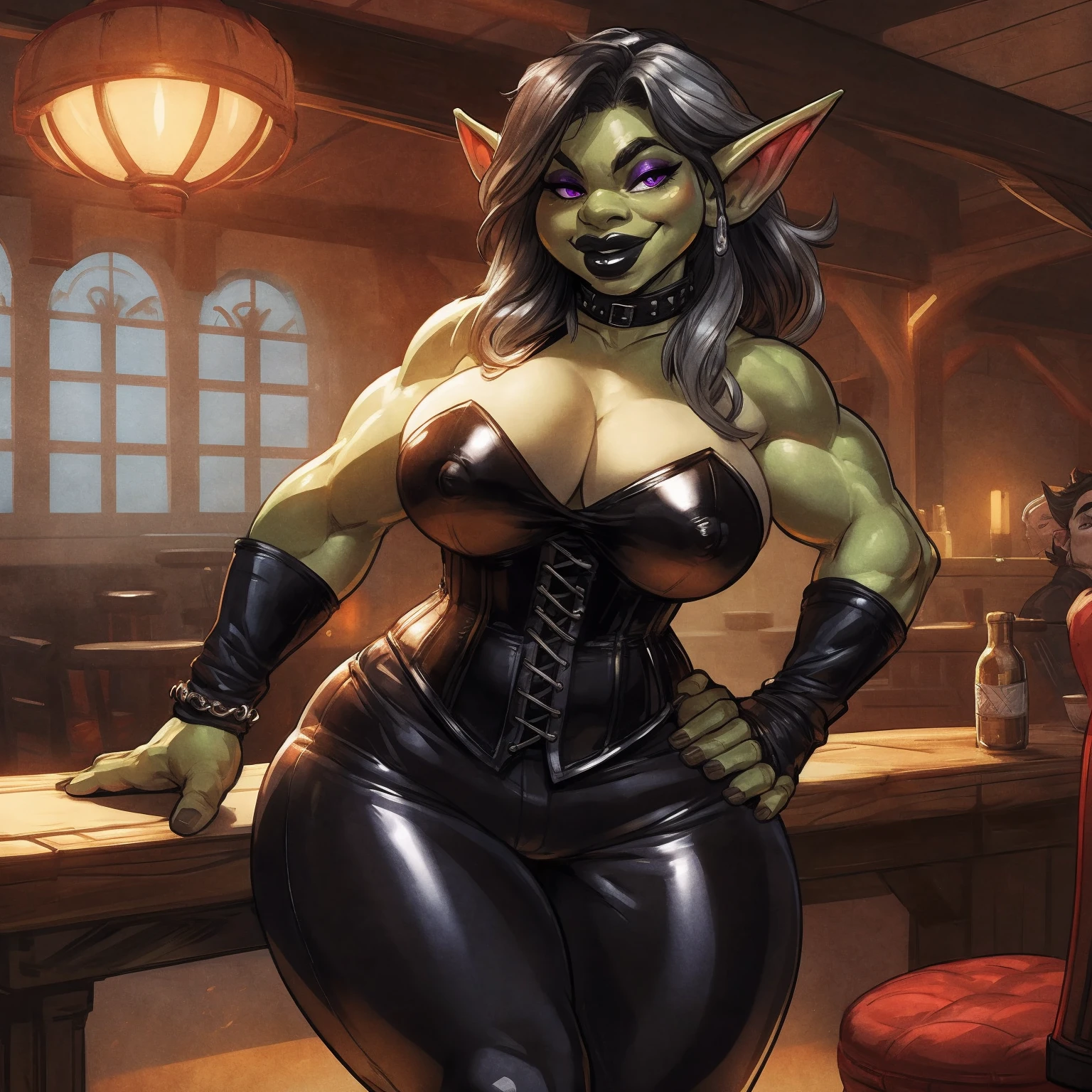 by darkgem, by wfa, by gideon, solo, 1girl, goblin, female, older woman, (purple eyes), slender face, plump, curvy, voluptuous, (black hair:1.1), (silver streaks in hair:1.2), (green skin:1.2), (heavy breasts:1.2), large areolae, nipple outline, (milf), (black corset:1.2), hyper hips, (leather trousers:1.2), cleavage, Masterpiece, best quality, absurd res, highly detailed, tavern environment, seductive smile, big lips, black lipstick, eyeshadow, standing upright, casual pose, hands on table, short, shortstackbt, gobboslut, incase