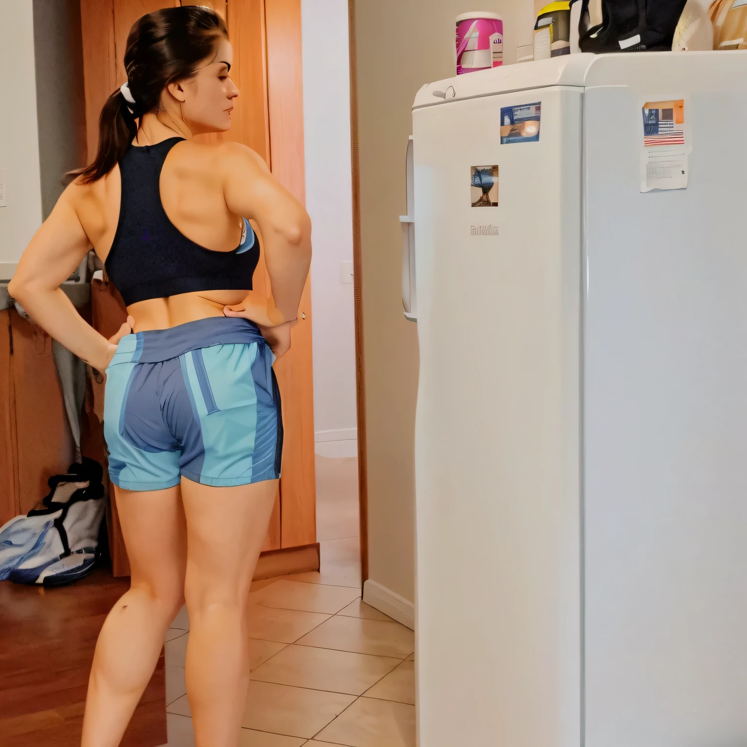there is a woman standing in a kitchen with a refrigerator, in shorts, sport bra and shorts, sport bra and dark blue shorts, booty shorts, fit pic, side view of her taking steps, wearing a tank top and shorts, side pose, waist - shot, wearing fitness gear, bra and shorts streetwear, cottagecore!! fitness body
