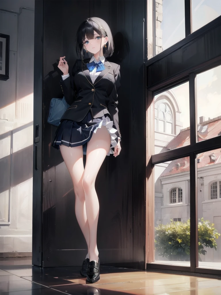 absurdres, RAW photo, extremely delicate and beautiful, masterpiece, Best Quality, ultra high resolution, 32k, hyperrealistic, ultra-detailed, in her 20s, delicate facial features, tearful mole, earring, medium breasts, full body shot, shorter middle hair, black hair, ((School uniform)), Skirt, (Blazer), (((Open legs))),