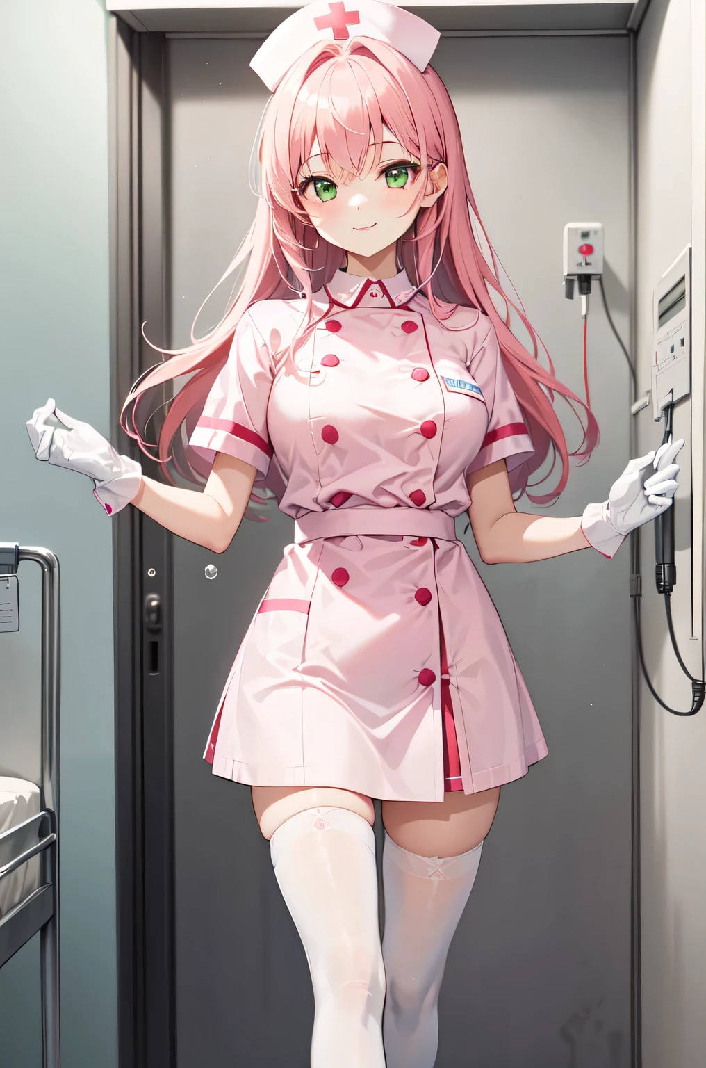 1girl, solo, nurse, white nurse cap, white nurse uniform, ((white legwear, zettai ryouiki)), white gloves, pink hair, green eyes, drooping eyes, smile, standing, ((hospital room)), sharp outline, short sleeves, best quality, masterpiece