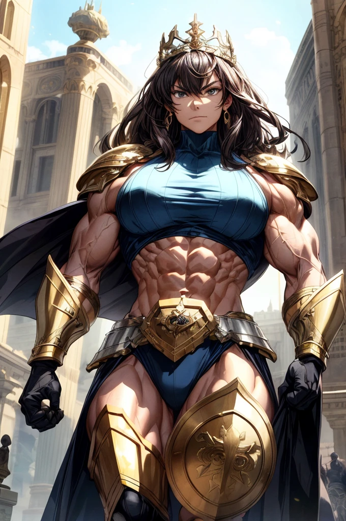 (Best lighting) , (Very intricate details) , 4K Integration, (Super fine CG: 1.2) , (8K: 1.2),(original), (masterpiece) , (Highest quality),(masterpiece:1.4),((Full images))、Anime-ish high quality,(masterpiece),masterpiece, Highest quality, Absurd,((Masterpiece, 4K, 8K, High resolution)),(masterpiece), (Highest quality), (Super detailed), (Very delicate and beautiful), ((Cowboy Shot)), 1 female,
((Female Bodybuilder:1.5)),A woman with a muscular chest like a male bodybuilder, Temple Background,((Beautiful woman)),((Woman warrior)),(((Full body image:1))),from frontknight girl,Brave and resolute attitude,((Metal armor)),(Plate Mail),((Metal armor shaped like pectoral and abdominal muscles)), Heavy armor, Metal Reflection,Castle Background,wear black tights、The Great Hall of the Royal Palace,Soft sunlight,Fluttering Cloak、Brave pose,Strength and elegance,Solemn atmosphere,Powerful aura,((The Queen's Appearance))、Determined jawline,((The Strongest Queen of Mankind))、Huge muscular physique,Protruding veins、Raised trapezius muscle、very thick neck、Strong arms with bulging biceps、A muscular chest、Six-pack、((Thick, muscular legs))、Overflowing with incredible strength、Muscles bulging out from under the force of force all over the body、Graceful Movement,A commanding presence,Poses that show off their monstrous power,Dynamic configuration,Vibrant colors,Perfect balance,Light and shadow contrast,Down to the smallest thread,Sharpen highlights and shadows,Impressive level textures,Sharp focus,Rich and realistic backgrounds,Magnificence and grandeur,Heroine of the Kingdom,Legendary Warrior,Inspiring and majestic,Dignified and fierce,Guardian of the kingdom,Unstoppable courage,Divine Destiny,Indomitable spirit,Unforgettable beauty,Unwavering Strength, Braided upstyle hair