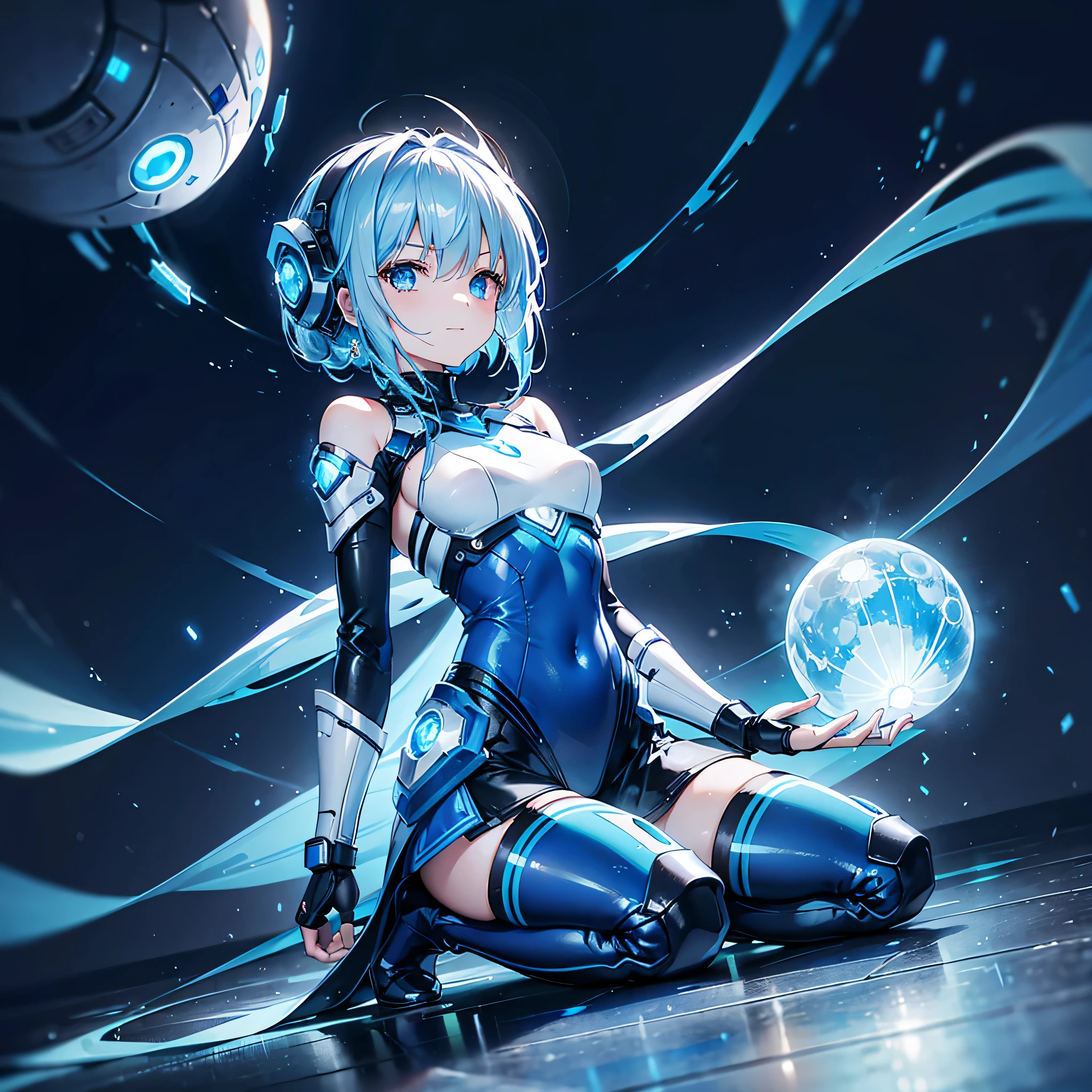8K, Highest quality, (real:1.4), Original photo, 1 girl, Asari Hair, Biological Amplifier, Very sleek and futuristic armor, posture: Peace talks between warring factions,,attention arousal, smart blue eyes,A modest smile,Knee-high boots,Patent-look blue tights,Blue big moon and blue light swirl in the background,Blue light from behind,blue light magic,A small, glowing blue ball in the palm of your hand,Blue flame swirl,Blue Comet,Polished floor,