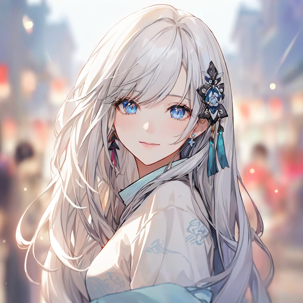 Anime girl with long white hair and blue eyes in the city, White-haired God, Beautiful anime portraits, Detailed portrait of an anime girl, Perfect white hair girl, Beautiful Anime Girls, Beautiful Anime Women, White Hair Girl, Cute Anime Girl Portrait, palace ， Girl in Hanfu, From Girls Frontline, guweiz on pixiv artstation, ”Beautiful Anime Women
