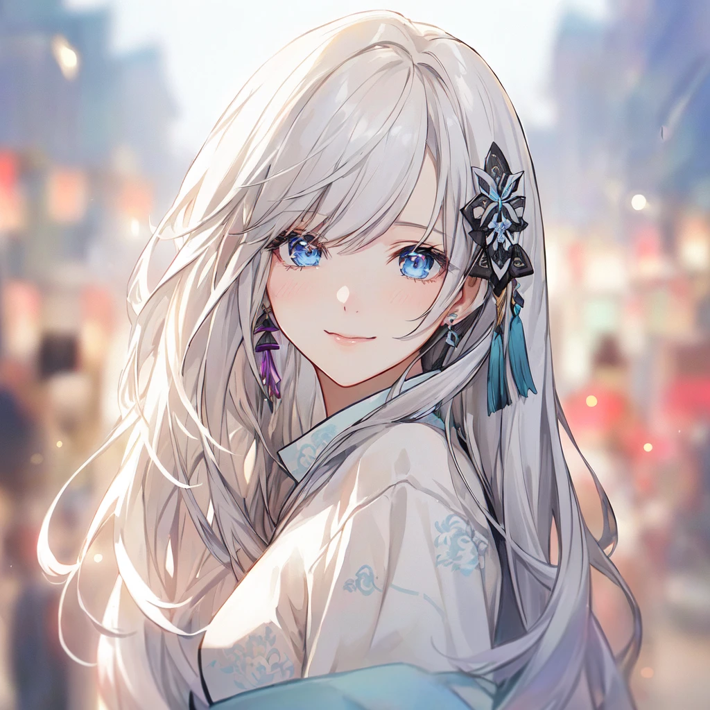 Anime girl with long white hair and blue eyes in the city, White-haired God, Beautiful anime portraits, Detailed portrait of an anime girl, Perfect white hair girl, Beautiful Anime Girls, Beautiful Anime Women, White Hair Girl, Cute Anime Girl Portrait, palace ， Girl in Hanfu, From Girls Frontline, guweiz on pixiv artstation, ”Beautiful Anime Women