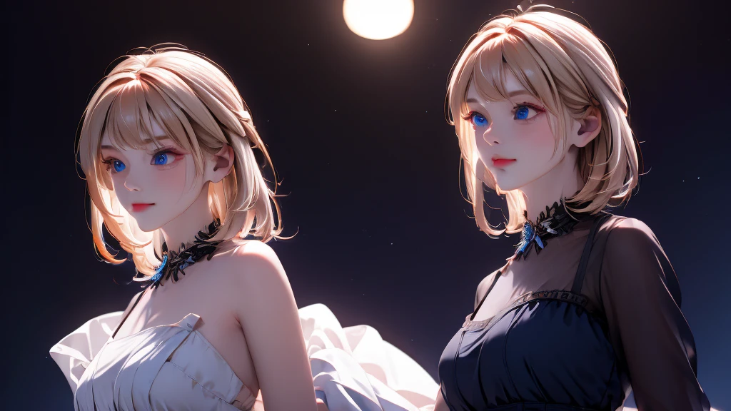 1 Girl , Girl medium light Gold hair, light blue eyes, wearing dress black 4D, night town , 18+ , high res, ultrasharp, 8K, masterpiece, looking from front