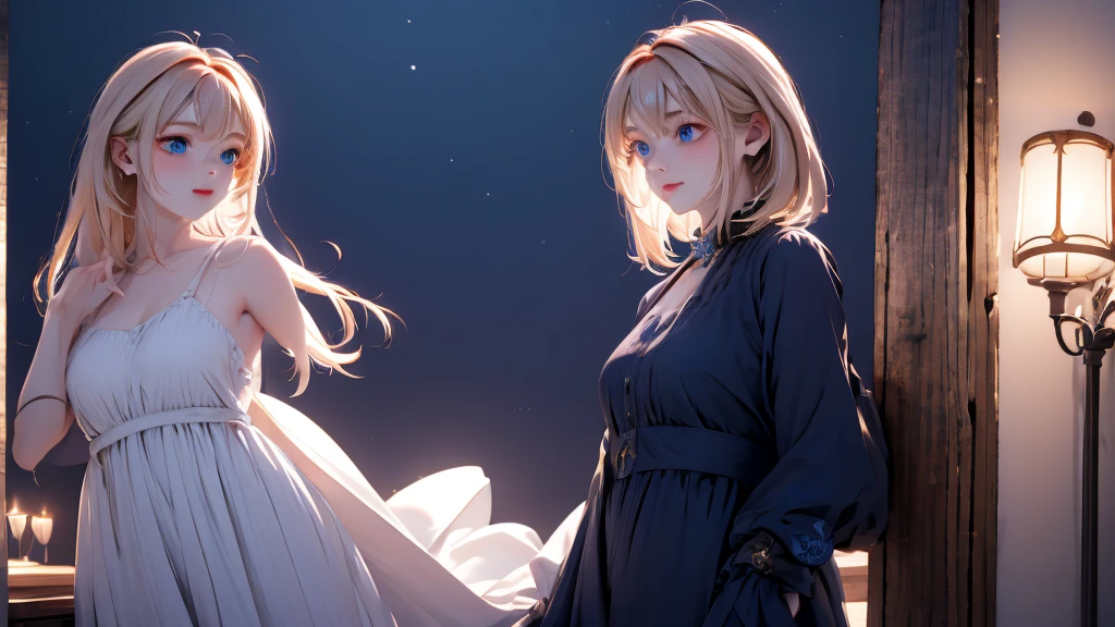 1 Girl , Girl medium light Gold hair, light blue eyes, wearing dress black 4D, night town , 18+ , high res, ultrasharp, 8K, masterpiece, looking from front