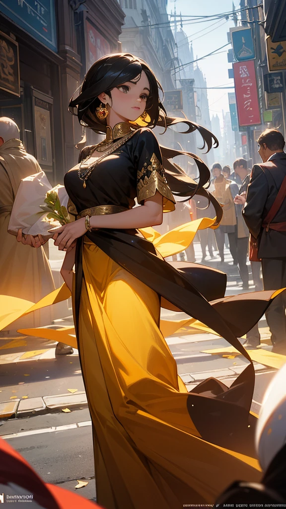 In the bustling streets of a vibrant Indian city, amidst the kaleidoscope of colors and scents, a woman (((Selena Gomez:Emma Watson:0.7))) clad in a vibrant gold saree and a black blouse becomes an ethereal sight that captivates all who lay eyes upon her. Her undeniable beauty transcends time and space, leaving onlookers spellbound.
Describe the scene as the woman, with her graceful presence, glides through a crowded marketplace, where merchants and shoppers pause to admire her radiance. The atmosphere is alive with whispers as her mesmerizing allure evokes a sense of awe and admiration.
Embark on a journey to reveal the woman’s story—her name, her background, her passions—and the reasons behind her choice of attire. Explore her persona, intertwining elements of mystery and allure, as people speculate on the secrets hiding behind her enchanting gaze.
Incorporate the sights, sounds, and emotions that surround this extraordinary woman, as she navigates through the city’s vibrant tapestry. Whether it be the scent of freshly ground spices, the distant sound of temple bells, or the intricate henna designs adorning her hands, immerse the reader in the sensory experience of this captivating moment.
As the story unfolds, her path intertwines with that of a curious photographer who becomes determined to capture her undeniable beauty in a single photograph. Describe their encounters, the photographer’s attempts to understand her story, and the profound impact this woman’s presence has on his own life.BIG BREASTS