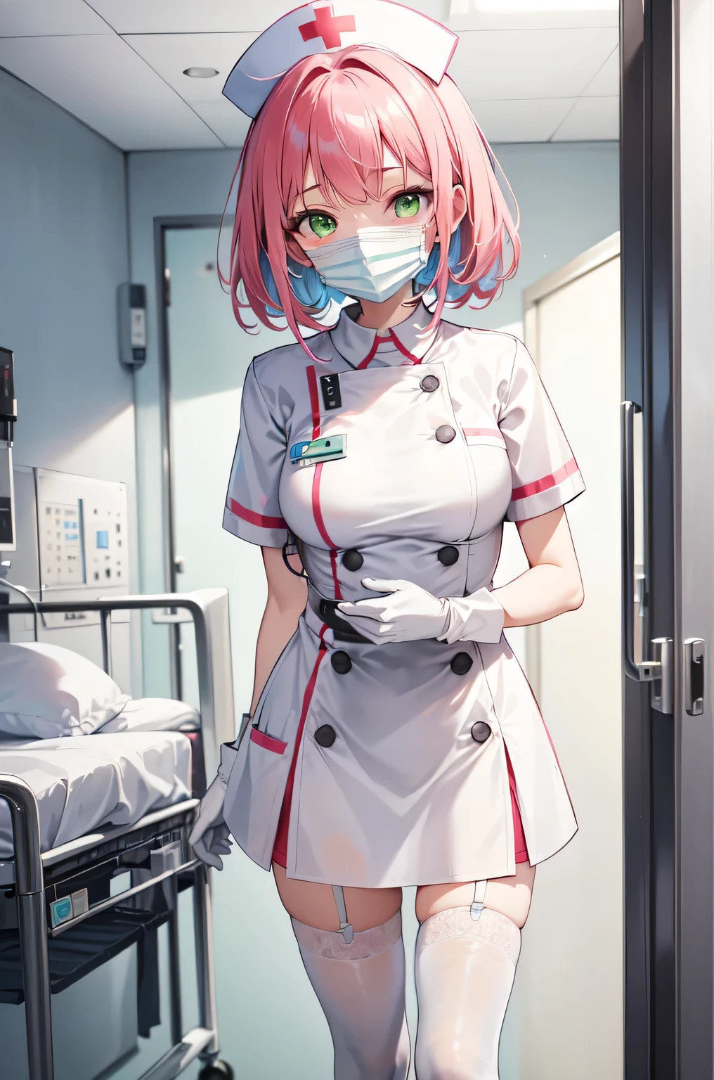 1girl, solo, nurse, white nurse cap, white nurse uniform, ((white legwear, zettai ryouiki)), white gloves, pink hair, green eyes, drooping eyes, ((white surgical mask, covered nose)), standing, ((hospital room)), sharp outline, short sleeves, best quality, masterpiece