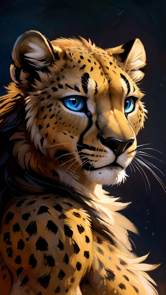 closeup, (anthro furry cheetah lioness female hybrid), (black lion mane), cheetah spots, athletic body, (fierce blue eyes), naked, topless, black background, (by hioshiru and kenket and Ruan Jia and Bayard Wu)
