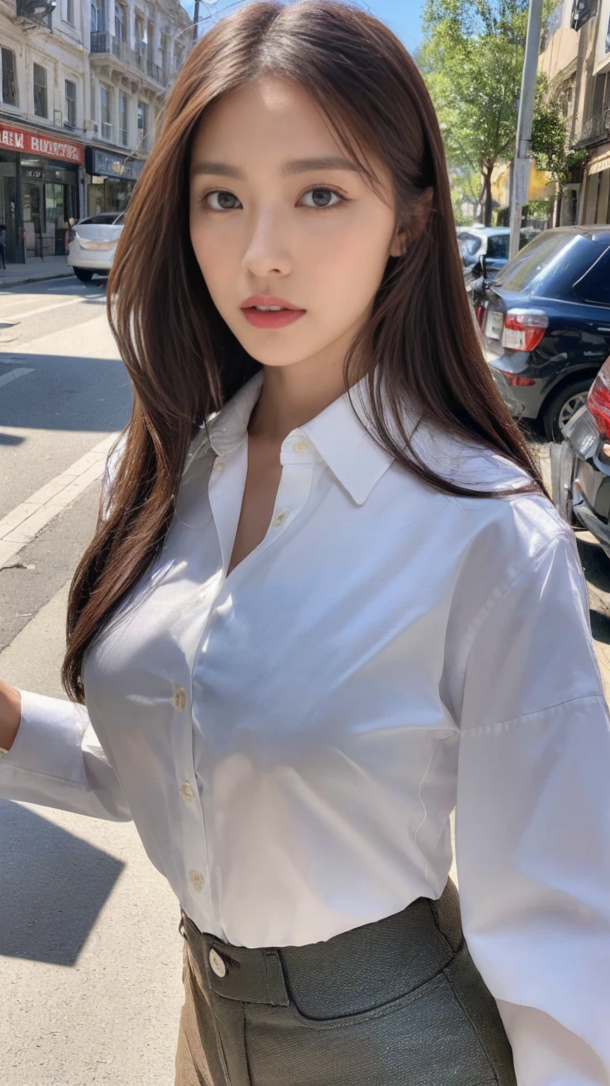 ((Highest quality, 8K, masterpiece :1.3)), Sharp focus :1.2, Beautiful woman with perfect figure :1.4, Slim Abs :1.2, ((Dark brown hair, Big Breasts :1.2)), (White button-up long shirt :1.1), City Street:1.2, Highly detailed face and skin texture, Fine grain, double eyelid