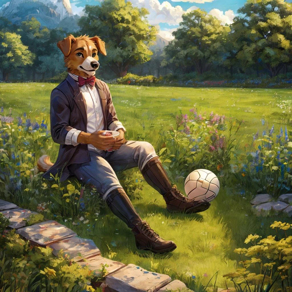 A dog plays ball on a green meadow