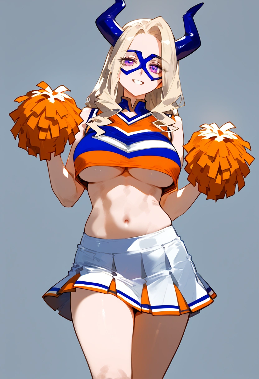 anime artwork, score_9, score_8_up, score_7_up, score_6_up, score_5_up, score_4_up, Mount Lady, blonde hair, purple eyes, big breasts, she is 24 years old, style_3, ,,, , , ,grey background , _, standing, cheerleader, skirt. underboob, u.a. cheerleader uniform, orange top and skirt