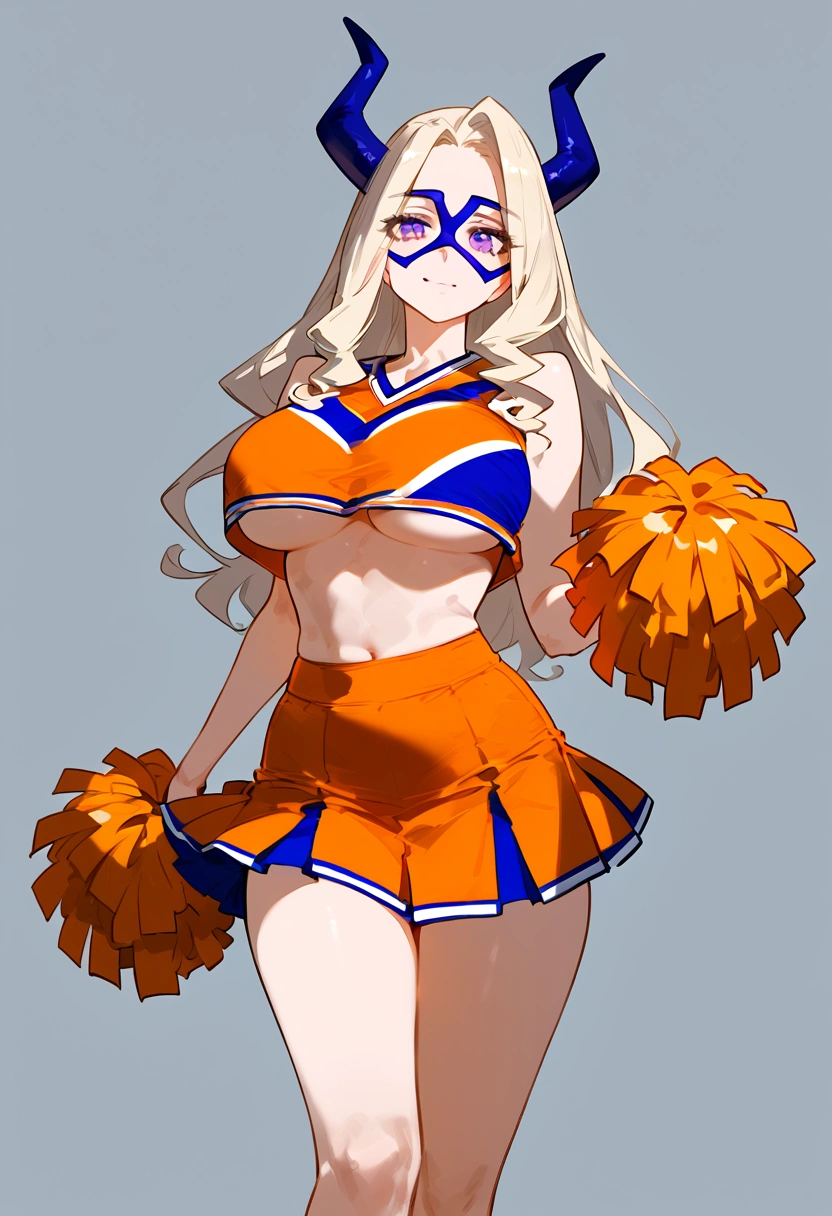 anime artwork, score_9, score_8_up, score_7_up, score_6_up, score_5_up, score_4_up, Mount Lady, blonde hair, purple eyes, big breasts, she is 24 years old, style_3, ,,,  , , ,grey background , _, standing, cheerleader, skirt. underboob, u.a. cheerleader uniform, orange top and skirt