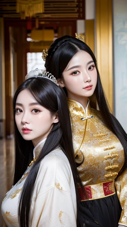 ((Knee-up-top angle of view))、(((Two Chinese beauties)))、21 years old、(Very heavy makeup:1.2)、(Slanted Eyes:1.3)、(long narrow eyes:1.3)、Shiny Hair、Glowing Skin、Very white skin、Jet Black Hair、Straight long hairstyle、Big eyes、Double eyelids、Luxury Chinese palace、(The two of them stand side by side in the palace corridor)、((Both have big breasts))、Golden Hair Ornament、((Chinese Queen&#39;s Costume))、Luxurious and gorgeous、(huge breast:1.2)、(Exposed Skin:1.3)、(Smile with your mouth closed)