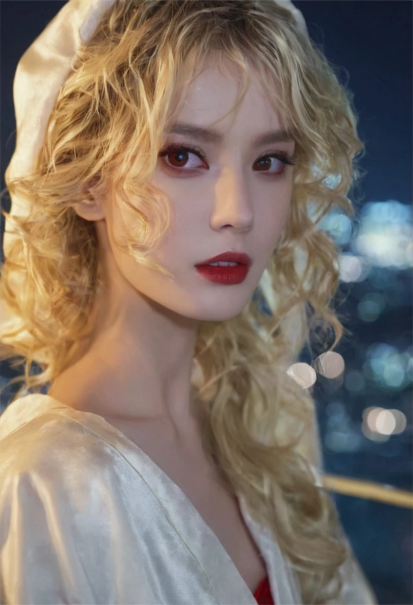 masterpiece , night , close up , beauty , blonde hair , red eyes , yellow robe