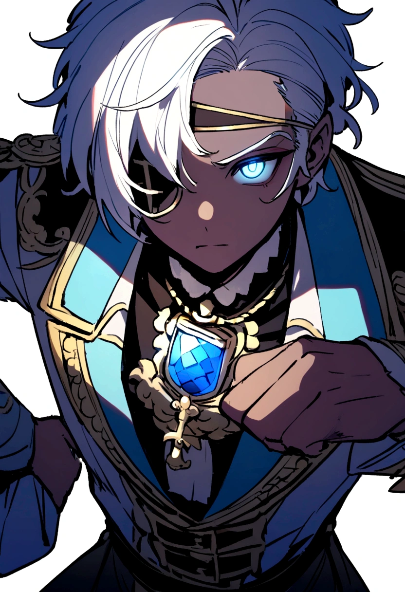 Pirate boy with a patch on his left eye, white hair, a light blue lock,