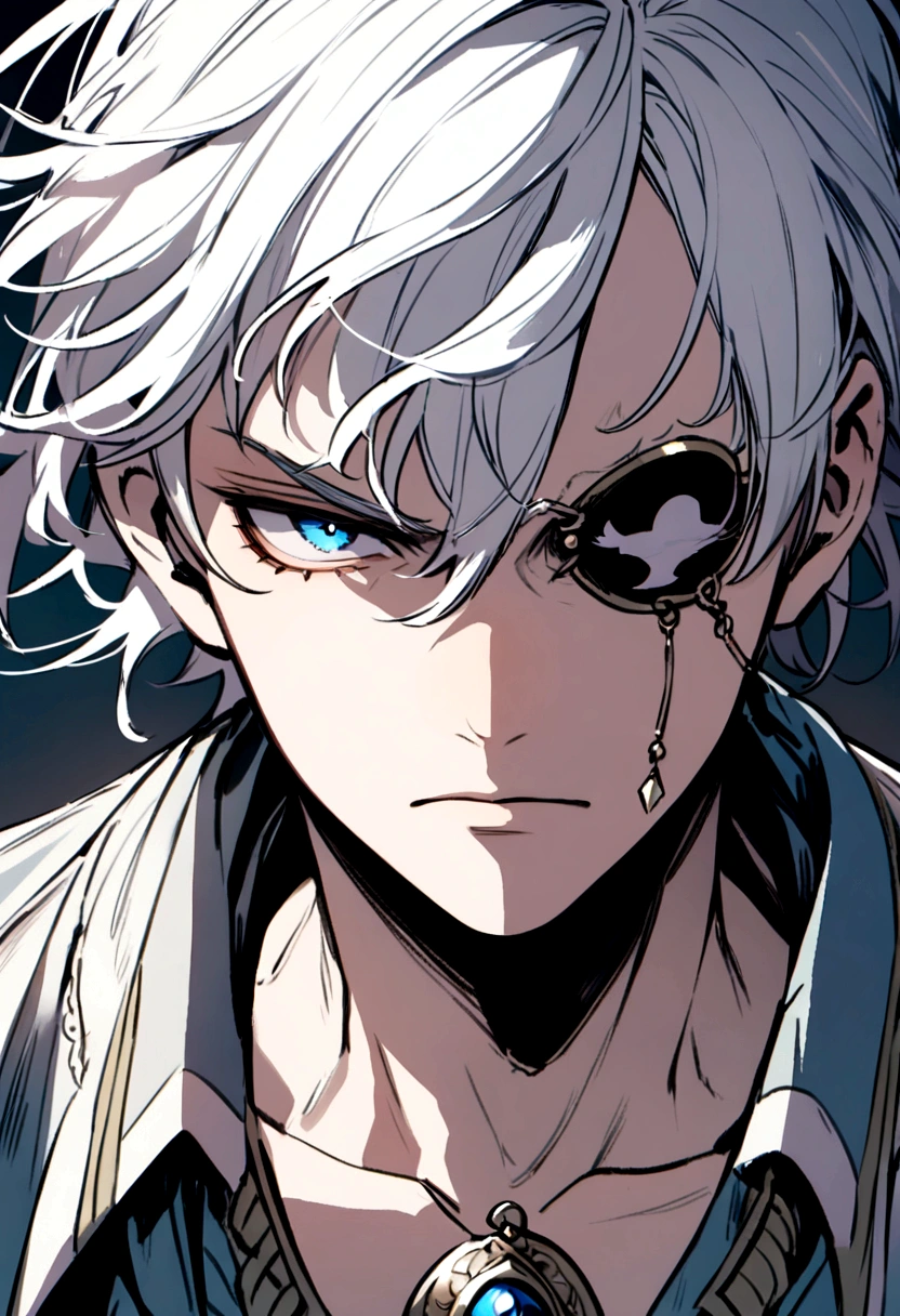 Pirate boy with a patch on his left eye, white hair, a light blue lock, 