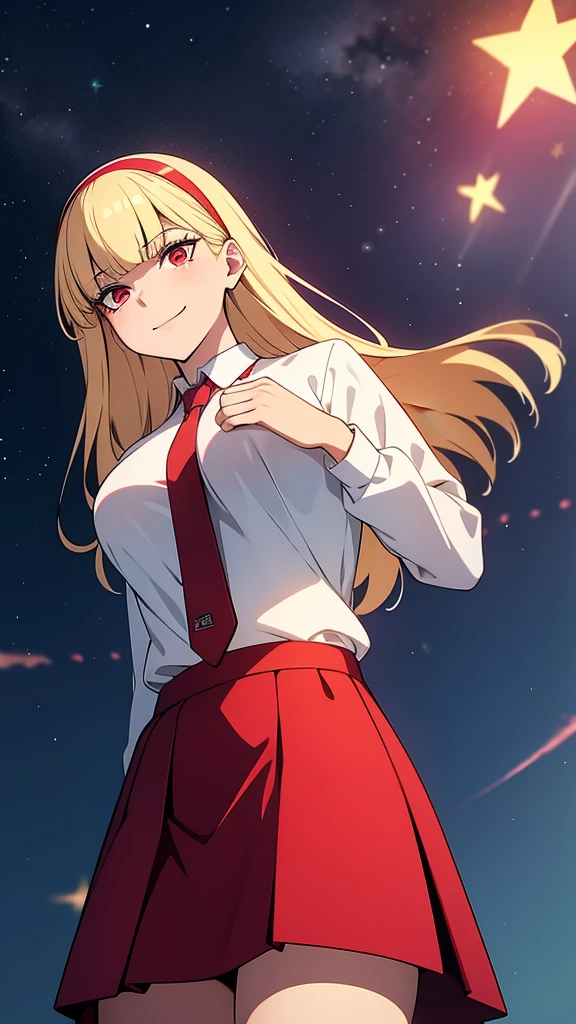 masterpiece, best quality, highres, , bangs, blunt_bangs, blonde_hair, long_hair, eyelashes, red_eyes, red_hairband, collared_shirt, formal, necktie, red_necktie, school_uniform, long_sleeves, skirt, red_skirt, white_shirt, smiling, night,starry sky,big breasts,cleavage,from below,seams