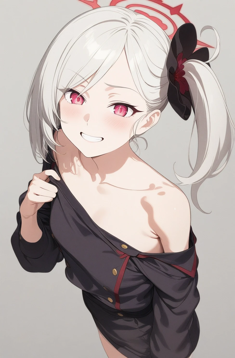 best quality, amazing quality, very aesthetic, absurdres, (1girl, mutsuki, blue archive, solo, red eyes, white hair, side ponytail), (artist official art:1.5), (realistic face:0.2), (grin, off-shoulder sweater ), (cowboy shot), (glowing eyes:1.3), (half closed eyes:0.9), (thigh), expressive eyes, perfect face, 4k, extremely detailed anime illustration, extremely detailed eyes, enhanced details, perfect anatomy, light rays, (gray background:1.5), clear eyes, beautiful face, small breasts, (Chiaroscuro:1.5), (highres:2), undressing