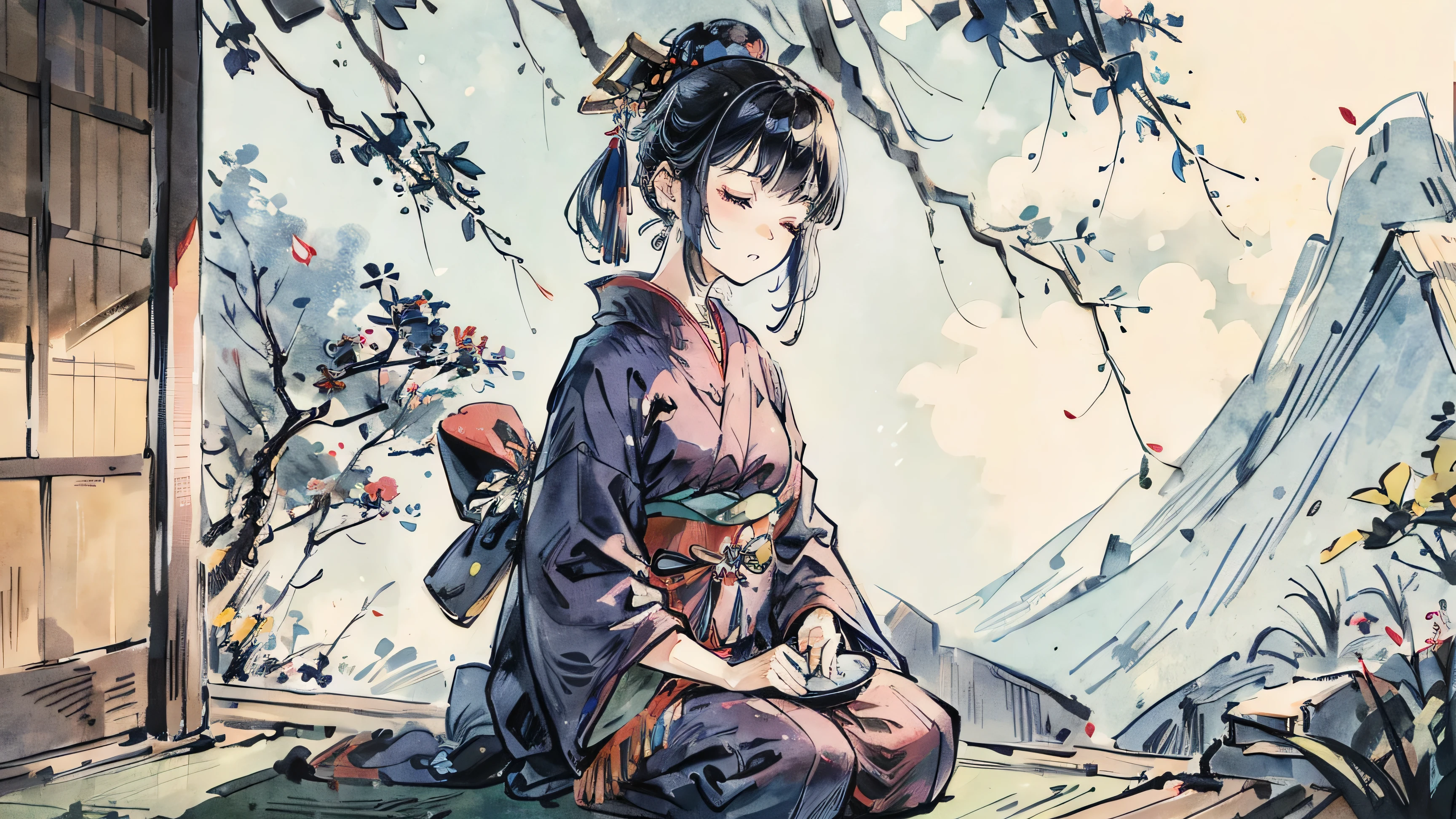 beautiful woman, Japan, It was, meditation, Eyes closed, Black Hair, (((Indigo kimono))), In the great outdoors, I am meditating,(((from front))), (((seiza)))