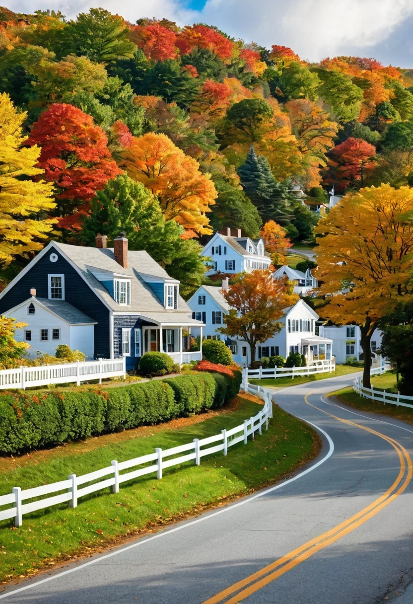 A scenic view of a rural New England village in the fall. The trees are in full foliage and the leaves are a vibrant mix of colors. There are several houses in the village, all of which are made of wood and have white fences. A road runs through the village and there are trees on either side of the road. The sky is blue and there are white clouds. The mood is peaceful and serene.