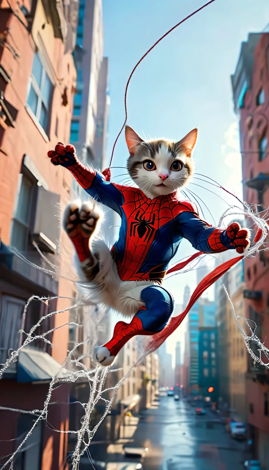 ((8K)), highest quality, 超High resolution, (High resolution),A cat dressed as Spider-Man is shooting webs from its paws and swinging between buildings