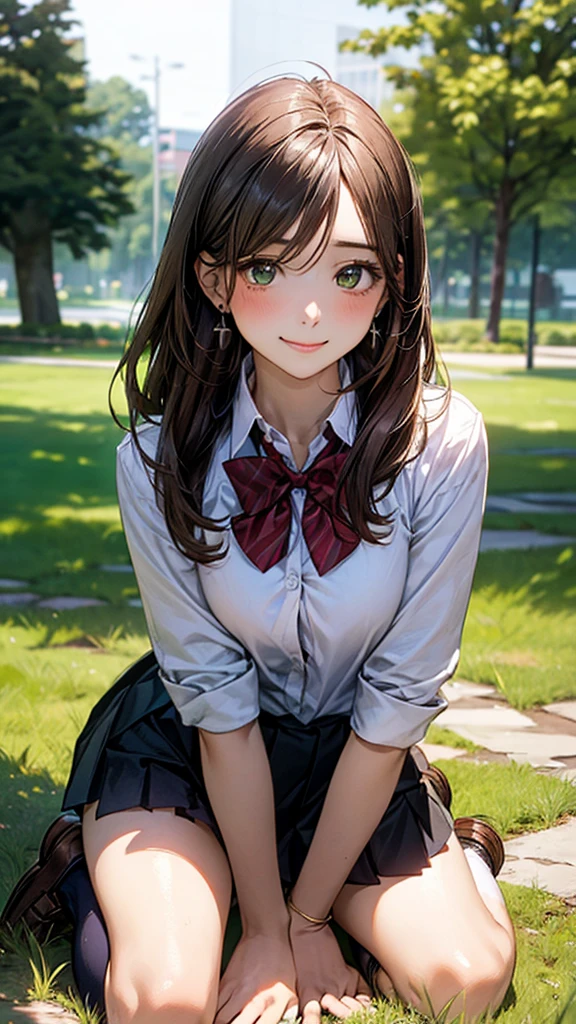 (masterpiece:1.2, top-quality), (realistic, photorealistic:1.4), beautiful illustration, (natural side lighting, movie lighting),
looking at viewer, cowboy shot, front view:0.6, 1 girl, japanese, high school girl, perfect face, cute and symmetrical face, shiny skin,
(long hair:1.8, straight hair:1.7, light brown hair), parted bangs, emerald green eyes, long eye lasher, (large breasts:0.9, thick thighs),
beautiful hair, beautiful face, beautiful detailed eyes, beautiful clavicle, beautiful body, beautiful chest, beautiful thigh, beautiful legs, beautiful fingers,
((, white collared shirts, black pleated mini skirt, black socks, brown loafers, red bow tie)), break, hoop ring earrings, pink panties, dark blue school bag, violet cardigan, break,
(beautiful scenery), evening, riverside, walking, hands on chest, (lovely smile, upper eyes), In a grassy field, a girl is on all fours, and a dog is hugging her from behind, holding her close at the waist.
The woman's face is bright red, and she looks embarrassed.