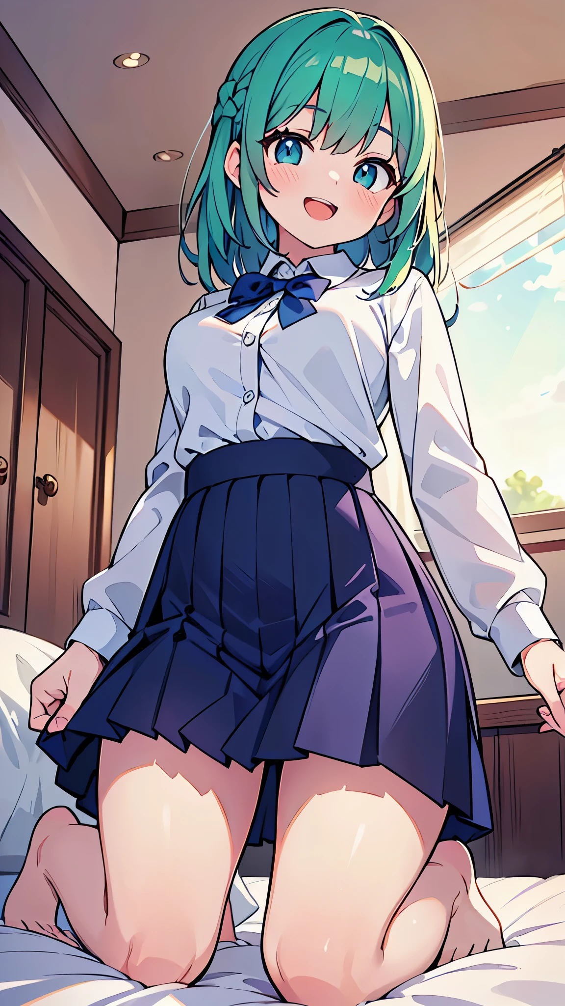 ((A Pretty high school girl is kneeling on the bed)), ((wearing the white collar shirt and navy skirt)), Baby face, ((top-quality, master piece, ultra-definition, high resolution)), anime girl, ((ultra-detailed illust:1.2)), 1 girl, bangs, hair between eye, green colored hair, beautiful hair, blue colored eyes, Shiny eyes, ((detailed eyes:1.2)), medium breasts, Big smile, enjoyed, laughing, opened mouth, in the bedroom, at dusk, ((view from below))