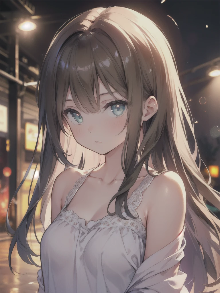 masterpiece, highest quality, female figure, blue green eyes, long brown hair, white nightgown, cute, (dynamic lighting:1.2), cinematic lighting, delicate features, fine eyes, sharp pupils, realistic student, Depth of bounds written, Bokeh, sharp focus, (very detailed, bloom, shine:1.4), gloomy, very skinny, prominent collarbones, 