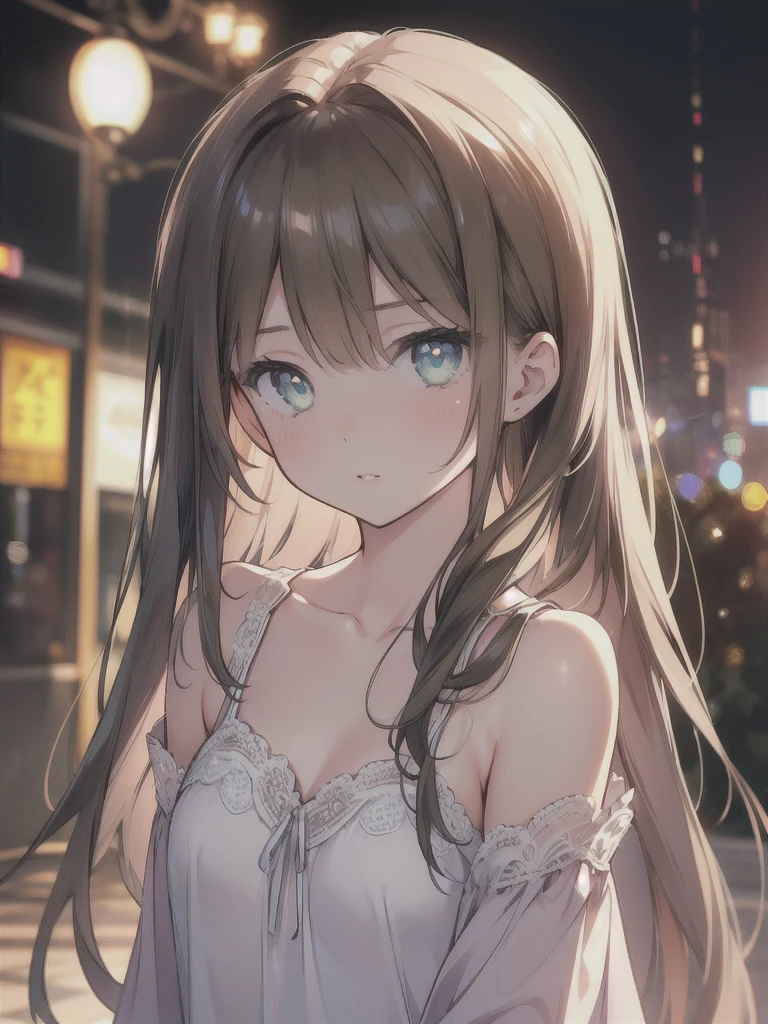 masterpiece, highest quality, female figure, blue green eyes, long brown hair, white nightgown, cute, (dynamic lighting:1.2), cinematic lighting, delicate features, fine eyes, sharp pupils, realistic student, Depth of bounds written, Bokeh, sharp focus, (very detailed, bloom, shine:1.4), gloomy, very skinny, prominent collarbones, 