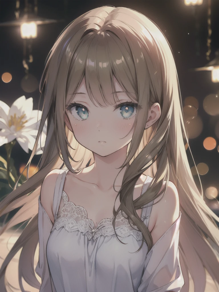 masterpiece, highest quality, female figure, blue green eyes, long brown hair, white nightgown, cute, (dynamic lighting:1.2), cinematic lighting, delicate features, fine eyes, sharp pupils, realistic student, Depth of bounds written, Bokeh, sharp focus, (very detailed, bloom, shine:1.4), gloomy, very skinny, prominent collarbones, 