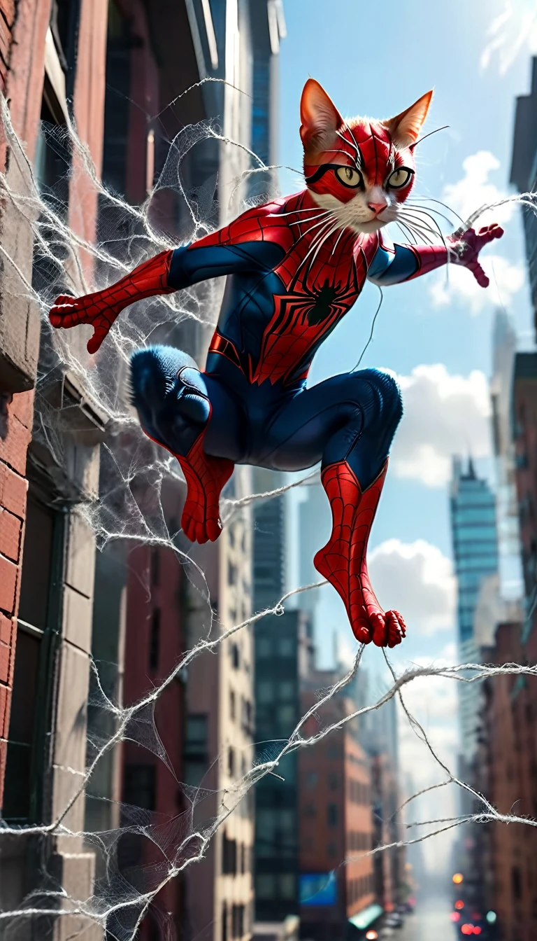 ((8K)), highest quality, 超High resolution, (High resolution),A cat dressed as Spider-Man is shooting webs from its paws and swinging between buildings