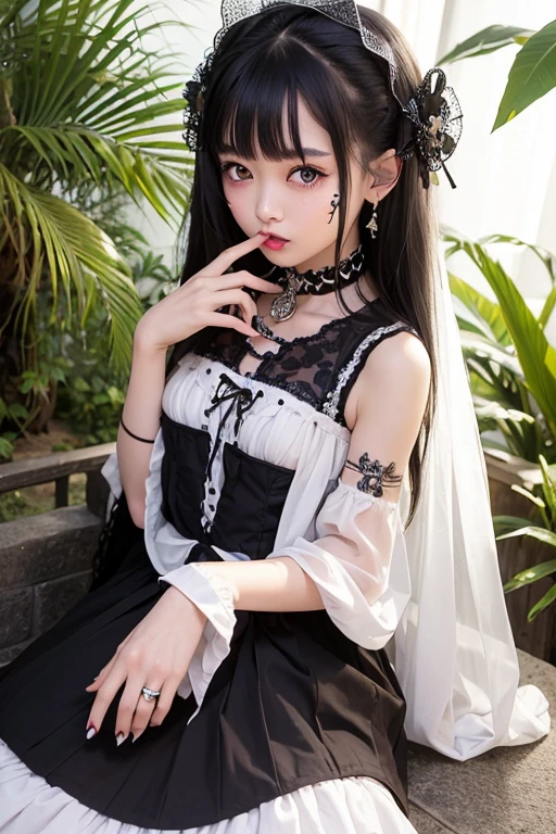 Highest quality、8K、masterpiece:1.3、too skinny、beautiful girl、Okinawa、Tropical Beach、The inside is white、Black-haired、hair ornaments、Beautiful girl、Lots of tattoos、Lots of piercings、Face Paint、vogue、punk、Gothic Lolita、Maid、Gothic lolita fashion:1.2