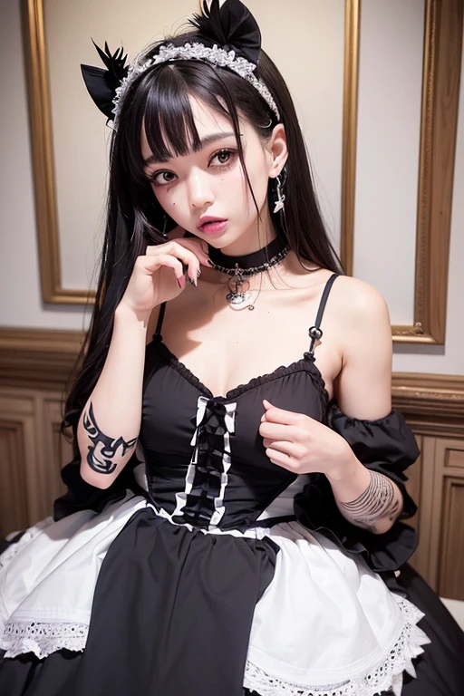 Highest quality、8K、masterpiece:1.3、too skinny、beautiful girl、Okinawa、Tropical Beach、The inside is white、Black-haired、hair ornaments、Beautiful girl、Lots of tattoos、Lots of piercings、Face Paint、vogue、punk、Gothic Lolita、Maid、Gothic lolita fashion:1.2