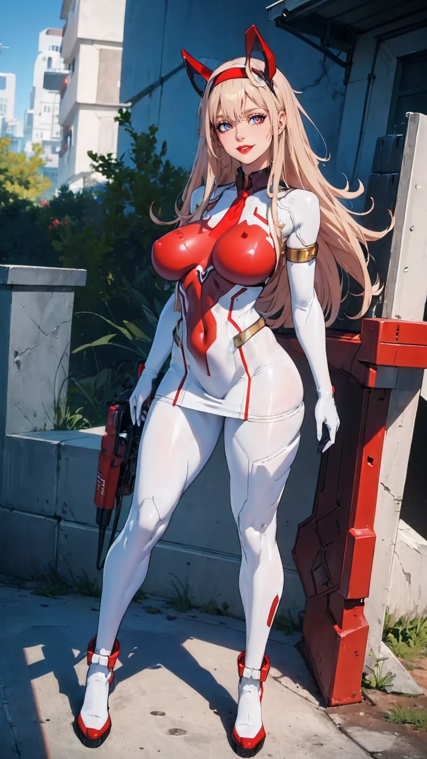 masterpiece, best quality, IncrsLowTier, electricity, glowing eyes zerotwo horns, hairband, necktie, red dress, pantyhose horns, hairband, red bodysuit, armlet, mecha horns, hairband, white bodysuit, white gloves, cap, red dress, white gloves, jacket on shoulders, pantyhose, cyber_armor body_suit,huge_breast, tall female, fulll body, sun light, smile,, sun aura,, boots, standing, smile, lips, red lips,,,{best quality}, {amazing quality} {best quality},{amazing quality},, {absurdres},{{highres}}, {very aesthetic}, {detailed}, curvy, tall, huge breast, character focus, white background,full-length portrait,, huge hips, huge muscles, huge thighs, curvaceous, venus figure,full body, full portrait